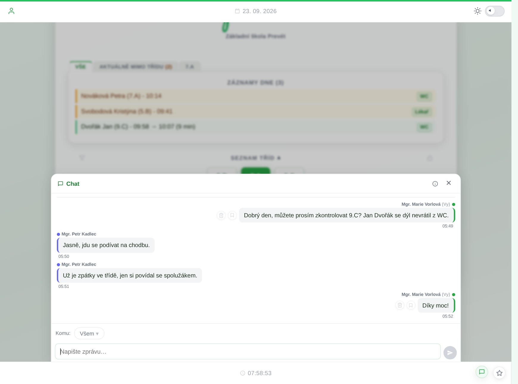 Chat pro sborovnu v aplikaci Prevet — konverzace mezi učiteli o žákovi